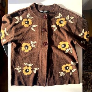Vintage Cropped Cardigan Sweater 3/4 Bell Sleeve Brown Petite Small